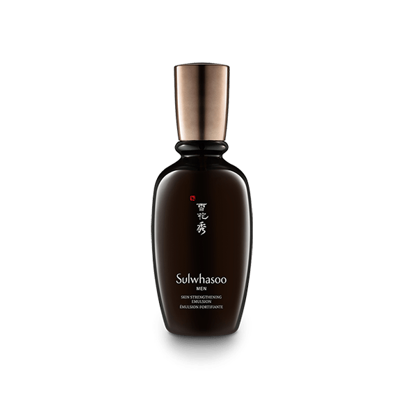 Dark brown bottle of skin reinforcing emulsion for men with bronze cap and minimalistic white text on black background