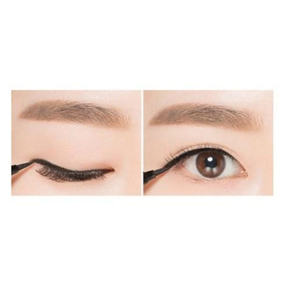 Close-up of eye showing precise application of black marker pen liner on upper eyelid with open and closed eye views