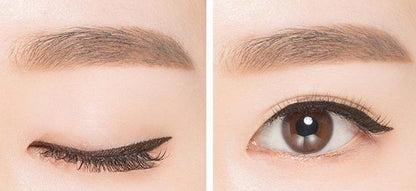 Close-up of an eye with precise black eyeliner applied on upper lash line, showcasing sharp and clean edges