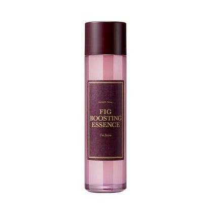 Tall translucent pink bottle of hydrating fig boosting essence with dark purple label and cap on white background