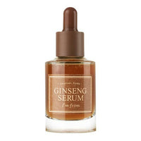Glass bottle of ginseng serum with brown dropper cap and golden liquid highlighting enhanced elasticity benefits