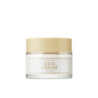 Minimalist jar of rice cream with beige lid emphasizing moisture retention benefits on a white background