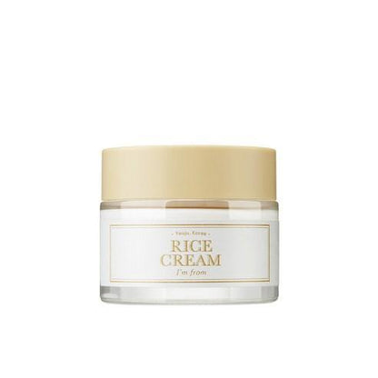 Minimalist jar of rice cream with beige lid emphasizing moisture retention benefits on a white background
