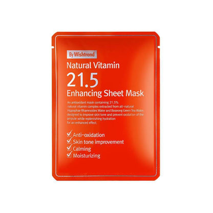 [By Wishtrend] Natural Vitamin 21.5 Enhancing Sheet Mask 23ml in bright orange packaging for intense hydration and skin tone improvement
