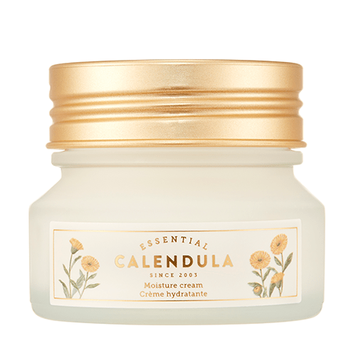 Frosted jar of moisture cream with gold lid and floral calendula design on white background