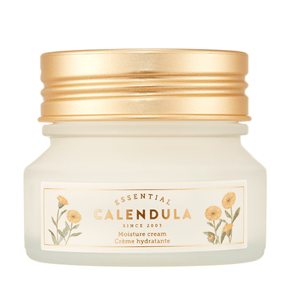 Frosted jar of moisture cream with gold lid and floral calendula design on white background