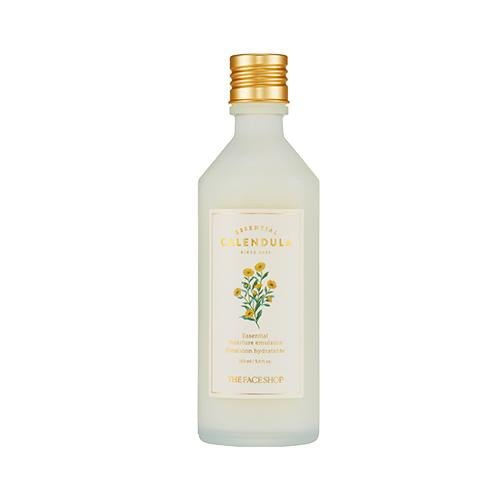 Matte frosted bottle of calendula moisture emulsion with gold cap and floral label on white background