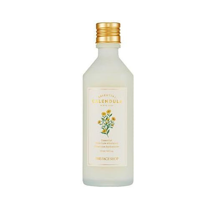 Matte frosted bottle of calendula moisture emulsion with gold cap and floral label on white background