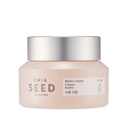 Matte pastel pink jar with silver lid containing hydrating chia seed cream for smooth skin care routine