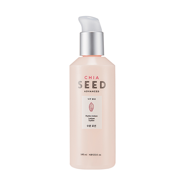 Light pink bottle of chia seed hydro lotion with silver pump dispenser and minimalistic label design on white background