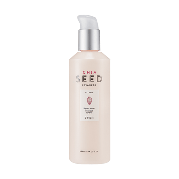 Matte beige pump bottle of hydrating toner labeled with chia seed and vitamin B12 on white background