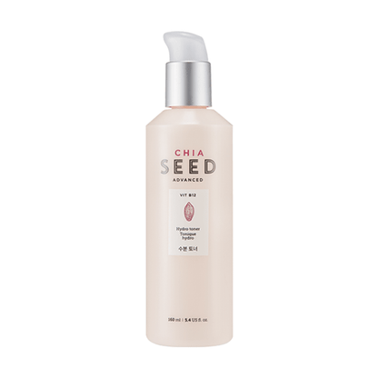Sleek beige bottle of chia seed hydro toner with silver pump cap against white background