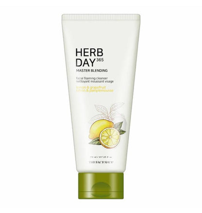Tube of gentle facial foaming cleanser with lemon and grapefruit illustration and green flip cap
