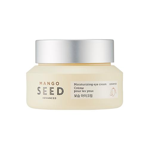 Frosted jar of mango seed moisturizing eye cream with silver lid and minimal label on white background