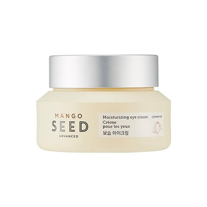 Frosted jar of mango seed moisturizing eye cream with silver lid and minimal label on white background
