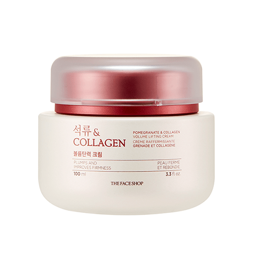 Jar of lifting cream with pomegranate and collagen formula designed to plump and improve firmness skin texture