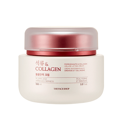 Jar of lifting cream with pomegranate and collagen formula designed to plump and improve firmness skin texture