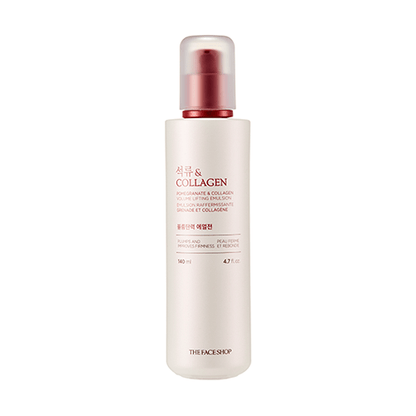 Tall frosted bottle with red pump cap containing lightweight pomegranate and collagen volume lifting emulsion