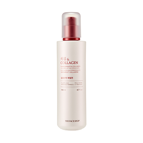 Tall frosted bottle of pomegranate and collagen volume lifting emulsion with red pump and lightweight formula label