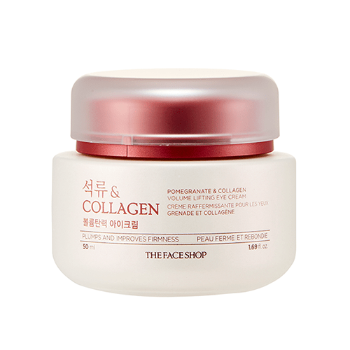 Jar of pomegranate and collagen eye cream with frosted glass and metallic rose gold lid against white background