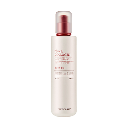 Tall frosted bottle of pomegranate and collagen toner with soft pink cap highlighting skin elasticity benefits