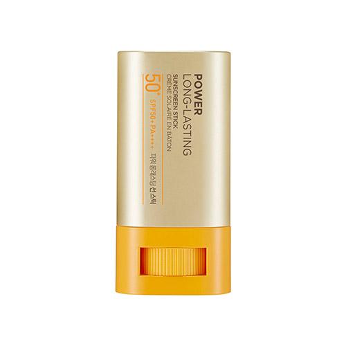 Compact gold sun stick with orange base labeled for powerful long-lasting SPF50+ PA++++ protection