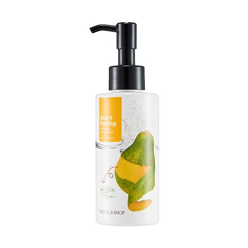 Bottle with black pump dispenser featuring papaya illustration for gentle dead skin removal peeling product