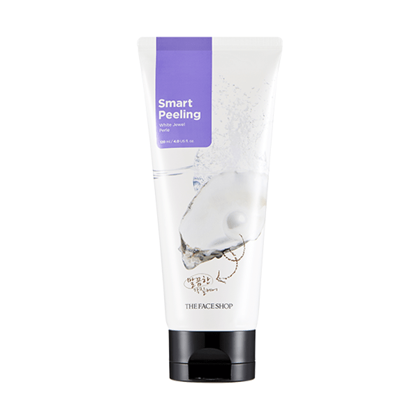 Tube of exfoliating peeling gel with pearl graphic and purple label highlighting smart peeling benefits