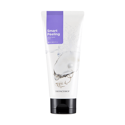 Tube of exfoliating peeling gel with pearl graphic and purple label highlighting smart peeling benefits