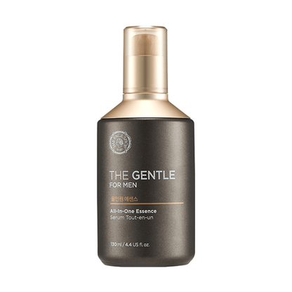 Dark matte bottle with gold pump cap containing anti-aging all-in-one essence for men skincare serum