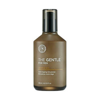 Brown frosted bottle with black pump cap containing men's anti-aging emulsion for hydration boost and skin care benefits