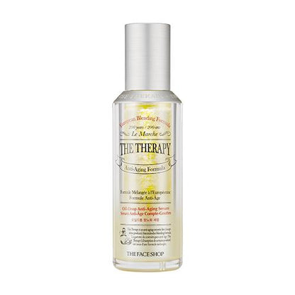 Clear bottle of anti-aging oil-drop serum with silver cap highlighting deep hydration benefits against white background