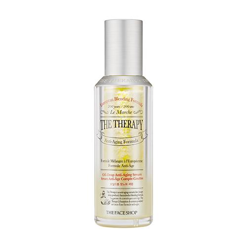 Clear bottle of anti-aging serum with silver cap highlighting deep hydration and oil-drop formula benefits