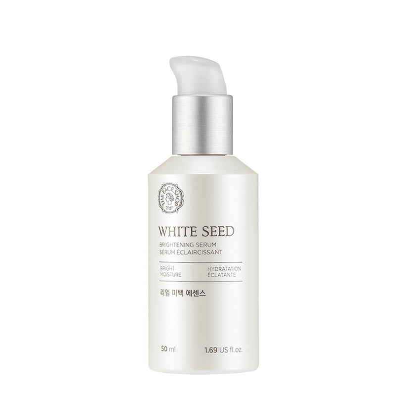 White seed brightening essence bottle with silver pump top showcasing brightening and hydration benefits on white background