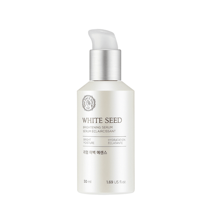 White seed brightening essence bottle with silver pump top showcasing brightening and hydration benefits on white background