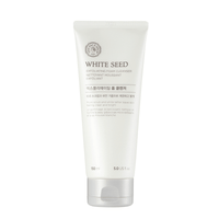 White seed exfoliating foam cleanser tube with clean white packaging and minimalist label design on white background