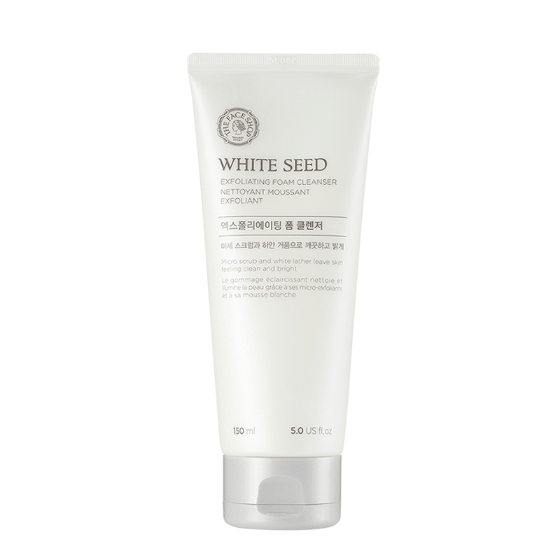 White seed exfoliating foam cleanser tube with clean white packaging and minimalist label design on white background