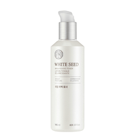 White Seed brightening toner bottle with pump dispenser highlighting hydration and radiance benefits on white background