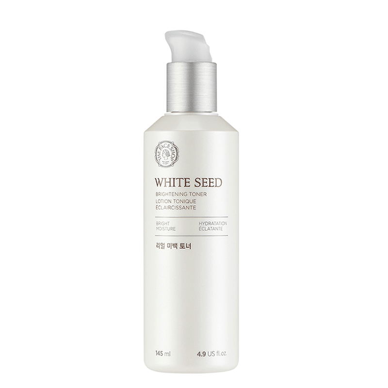 White Seed brightening toner bottle with pump dispenser highlighting hydration and radiance benefits on white background