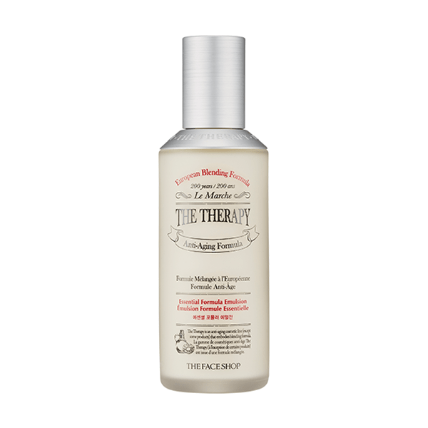 Frosted glass bottle of hydrating essential emulsion with silver cap featuring anti-aging formula text on white background