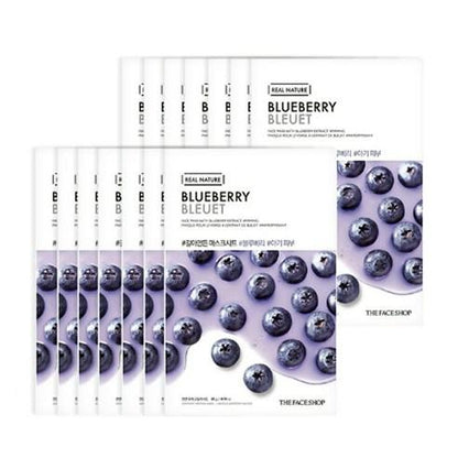 Stack of blueberry-infused moisturizing face masks with vibrant berry images on clean white packaging
