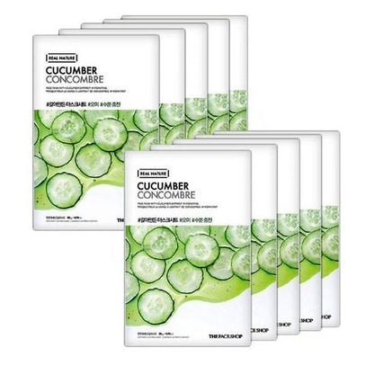 Set of soothing cucumber face mask sheets with fresh green cucumber slices on white packaging