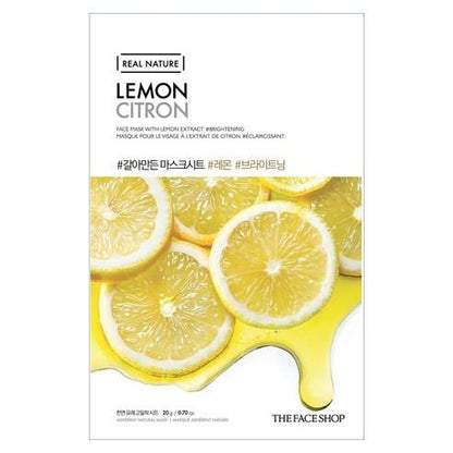 Packaging of lemon extract face mask featuring bright yellow lemon slices and dripping juice on white background