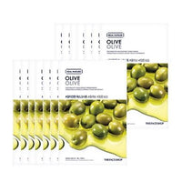 Stack of olive-infused face mask packets with images of green olives in oil highlighting deep hydration benefits
