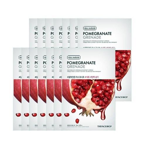 Stack of ten pomegranate face mask packets featuring firming skincare benefits and a vivid fruit design on white background