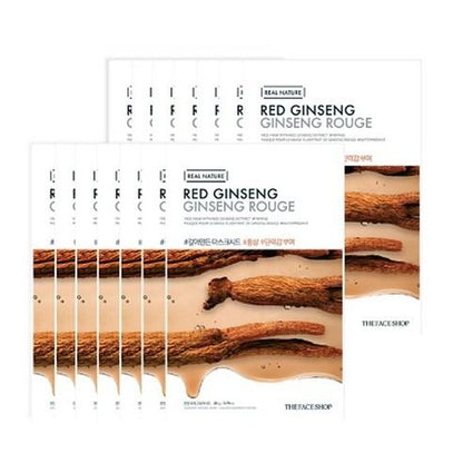 Set of red ginseng facial mask sheets with natural root images highlighting deep hydration benefits