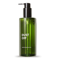 Green transparent pump bottle of cleansing oil labeled Dust Off for sensitive skin thorough cleansing use