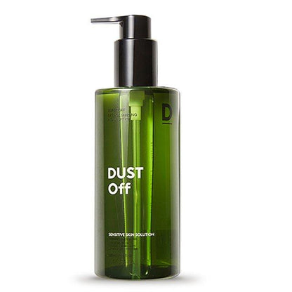 Green transparent pump bottle of cleansing oil labeled Dust Off for sensitive skin thorough cleansing use