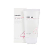 White tube of essence sun cream with SPF45 PA+++ and matching white box emphasizing UV protection benefits