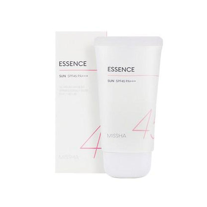 White tube of essence sun cream with SPF45 PA+++ and matching white box emphasizing UV protection benefits